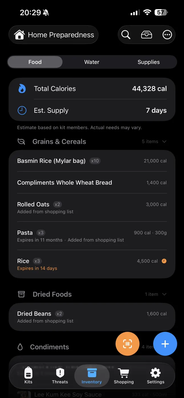 Food inventory with calorie tracking, estimated supply days, and expiration alerts