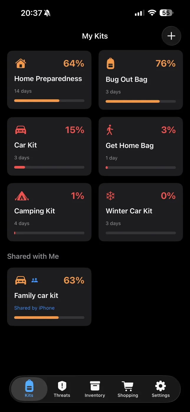 My Kits overview showing Home Preparedness, Bug Out Bag, Car Kit, and more