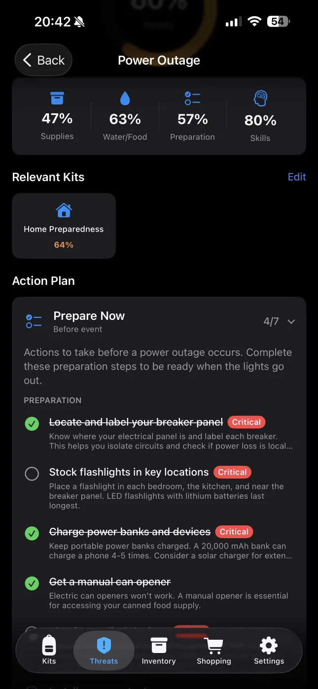 Power Outage action plan with preparation steps and skills assessment