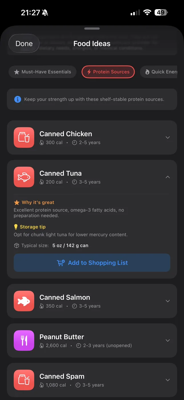 Food ideas with curated recommendations, calorie estimates, and storage tips